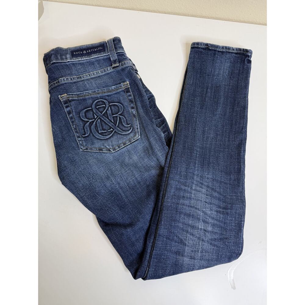 Rock & Republic Womens 6 M Berlin Skinny Dark Wash Blue Jeans Embossed Logo